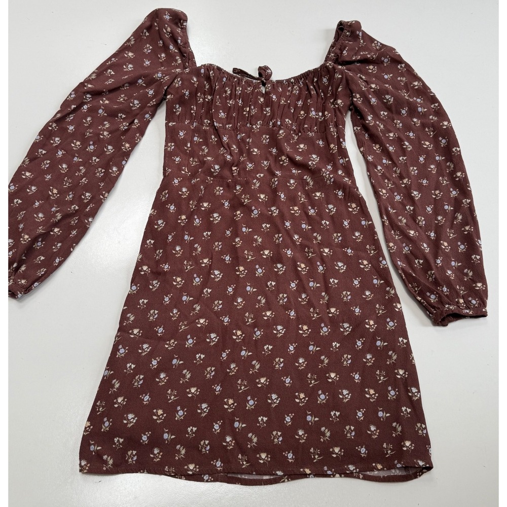 Sunday Best Aritzia Brown Floral Long Sleeve Mini Dress XS Smocked Cottagecore